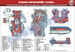 Плакат "Поперечний розріз двигуна ЗМЗ-40522. Газорозподільний механізм"